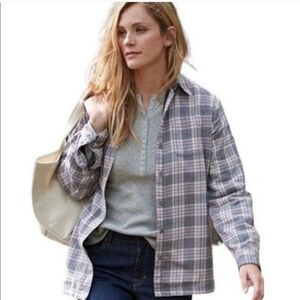 L.L. Bean Plaid Fleece-Lined Flannel Gray Purple Button Shacket Shirt